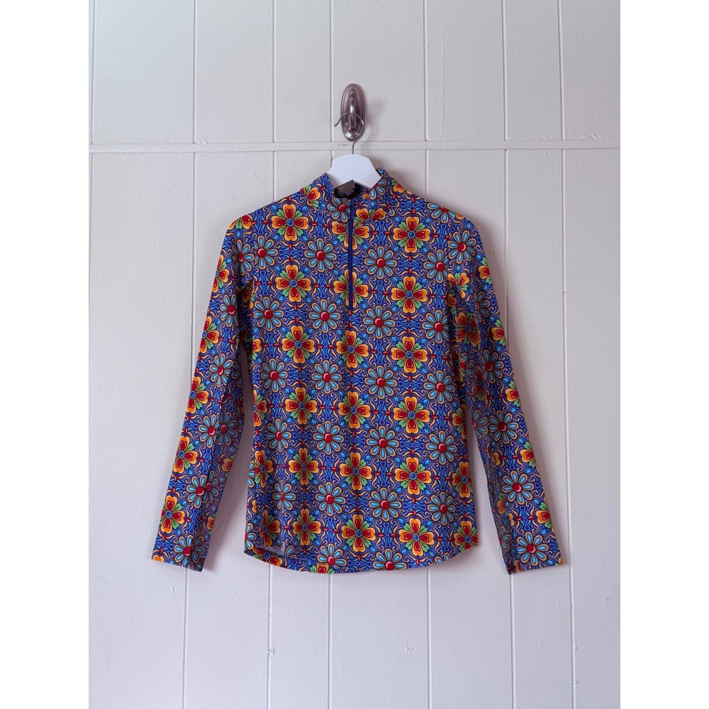 IBKUL Womens Blue Floral Golf Mock Zipper Long Sleeve Top Size S Tennis Preppy